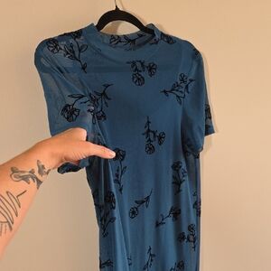 2/$20 Teal Short Sleeve Floral Dress - Semi Sheer Layer Over Strappy Dress